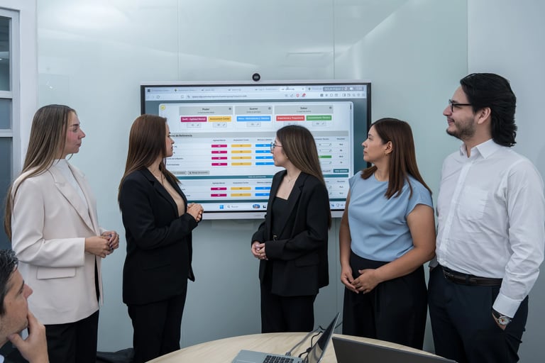 Reunión ejecutiva de directores de recursos humanos institucionalizando el modelo de planeación estratégica de talento alineado a los objetivos de negocio y rentabilidad corporativa
