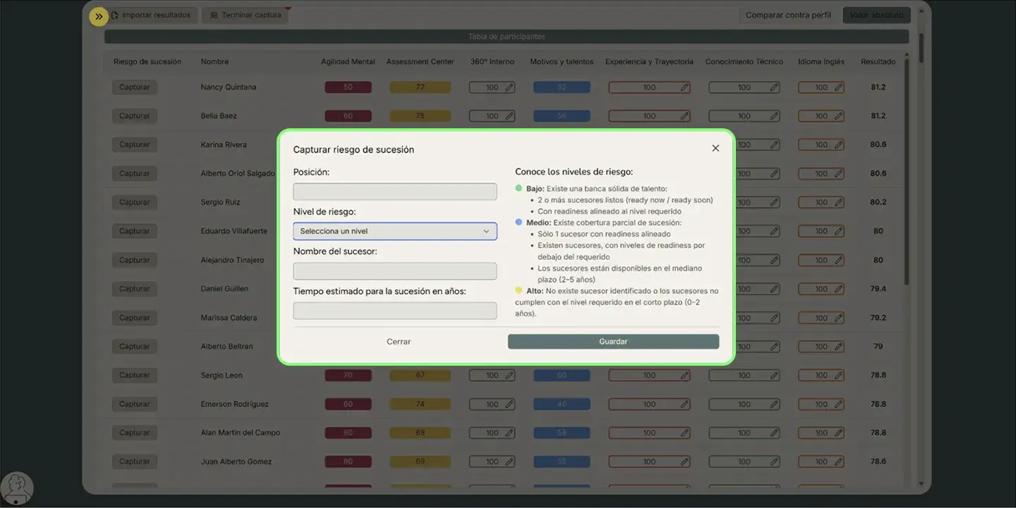 Herramienta HR para documentación de riesgos de talento organizacional.