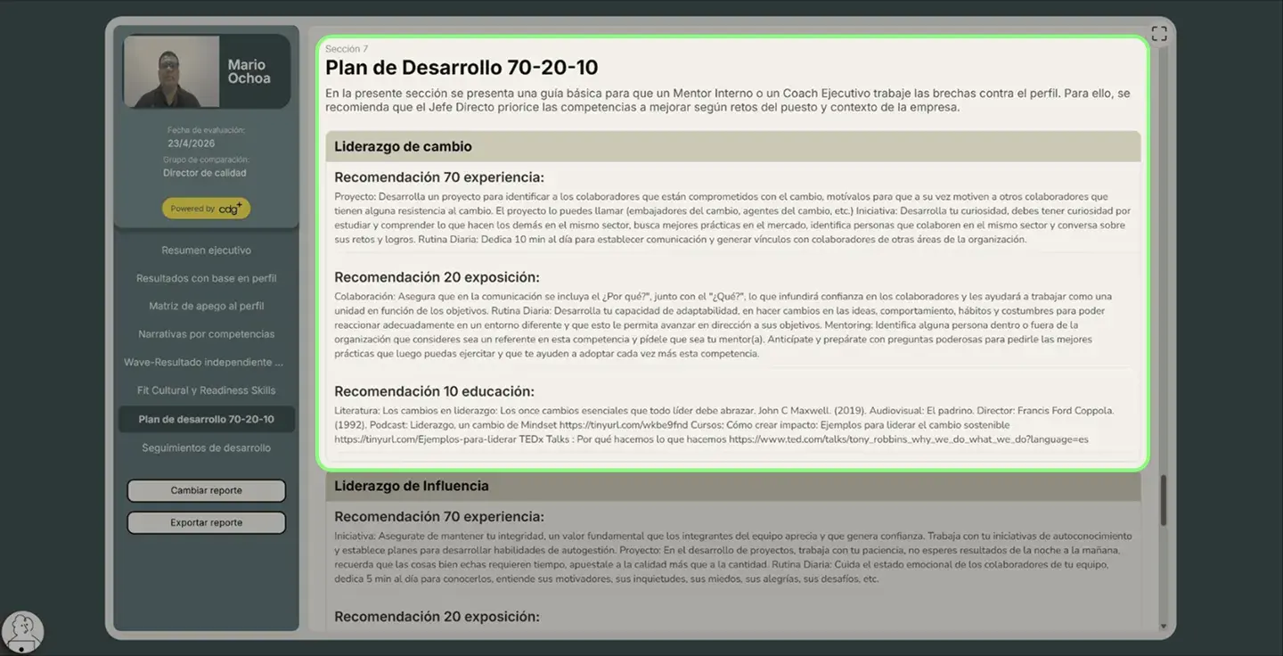 Reporte interactivo de capacitación con estrategia pedagógica 70-20-10.