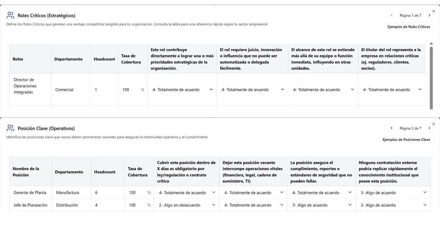 Matriz de roles críticos y posiciones clave para continuidad operativa.