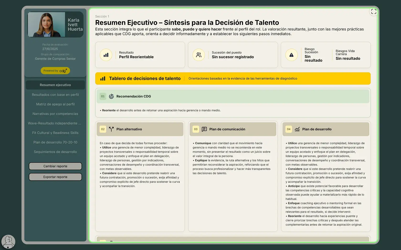 Tablero de decisiones de talento en software HR con análisis de descarriladores y planes de desarrollo.